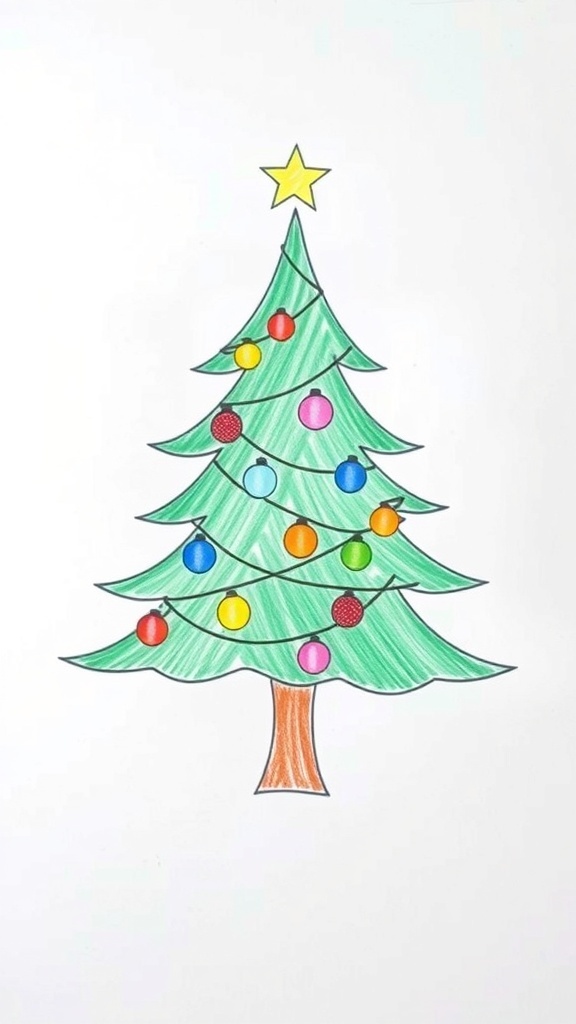 A colorful drawing of a Christmas tree with ornaments and a star.